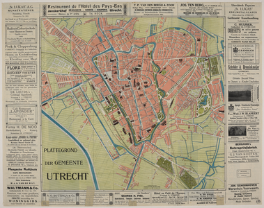 217086 Plattegrond van de stad Utrecht, met rondom de kaart advertenties van plaatselijke middenstanders.